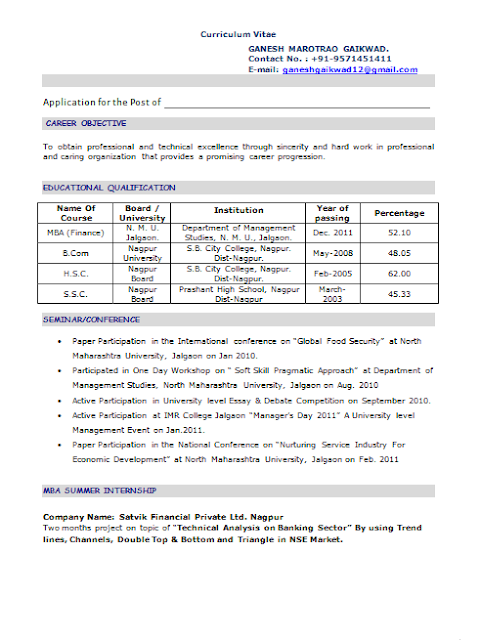 Resume for freshers in mba finance
